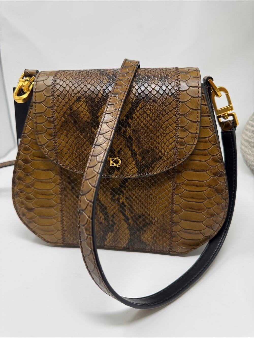 NEW Donna Karan Brown Python-Print Crossbody with Gold Hardware
